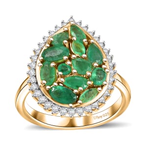 Kagem Zambian Emerald and White Zircon 2.25 ctw Dewdrop Ring in 18K Vermeil Yellow Gold Over Sterling Silver (Size 6.0)