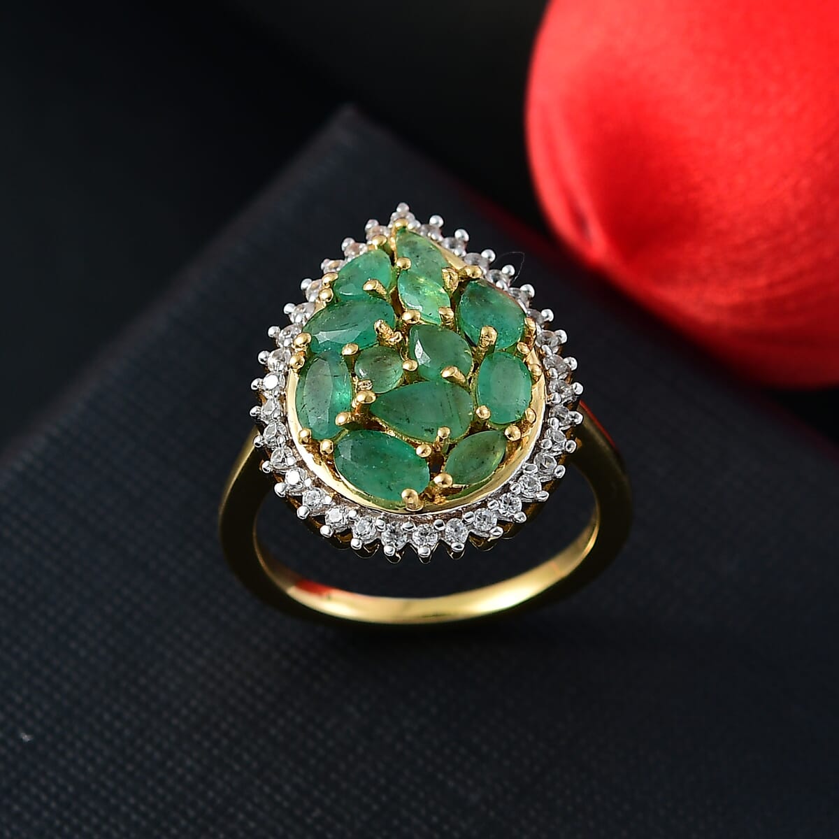 Kagem Zambian Emerald and White Zircon 2.25 ctw Dewdrop Ring in 18K Vermeil Yellow Gold Over Sterling Silver (Size 6.0) image number 1