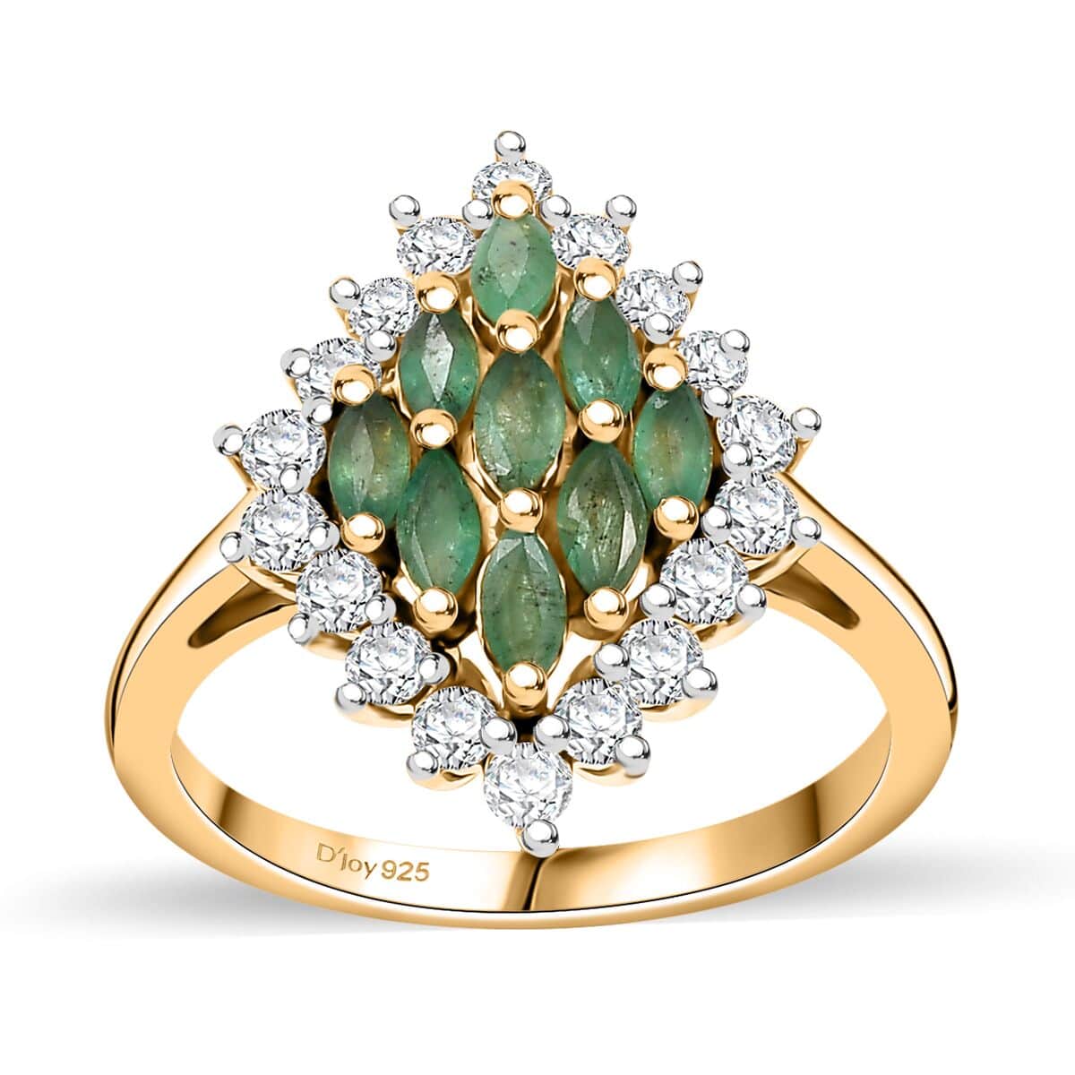 Kagem Zambian Emerald and White Zircon 1.60 ctw Verdant Halo Ring in 18K Vermeil Yellow Gold Over Sterling Silver (Size 7.0) image number 0