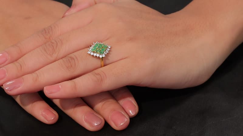 Kagem Zambian Emerald, White Zircon Ring in 18K Vermeil YG Over Sterling Silver (Size 10.0) 1.60 ctw
