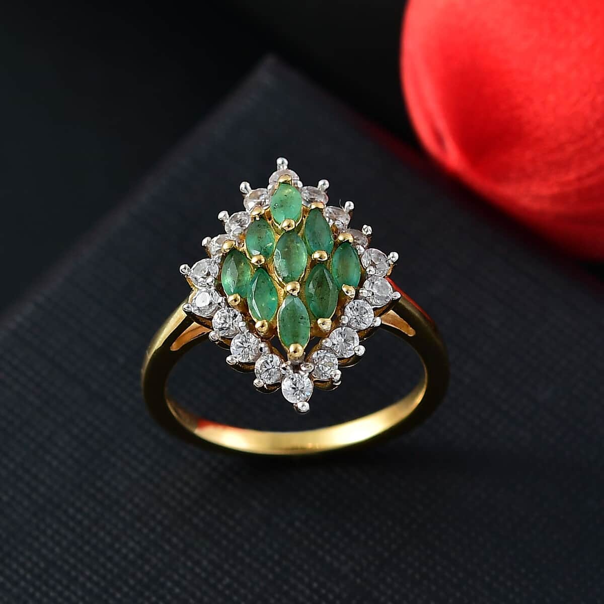 Kagem Zambian Emerald and White Zircon 1.60 ctw Verdant Halo Ring in 18K Vermeil Yellow Gold Over Sterling Silver (Size 7.0) image number 1