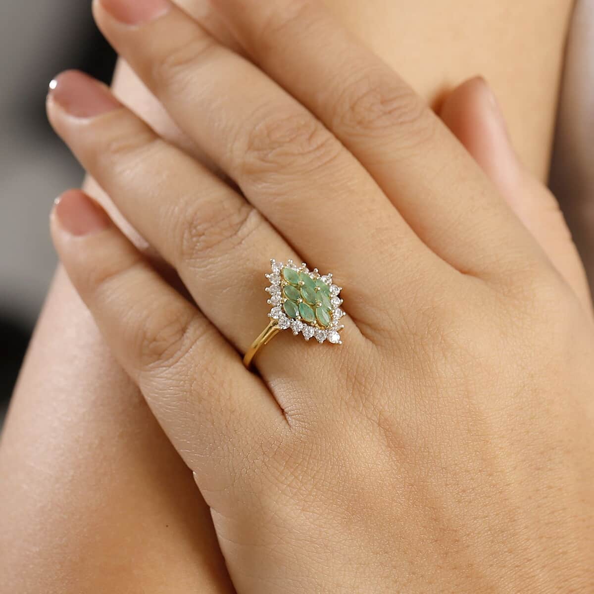 Kagem Zambian Emerald and White Zircon 1.60 ctw Verdant Halo Ring in 18K Vermeil Yellow Gold Over Sterling Silver (Size 7.0) image number 2