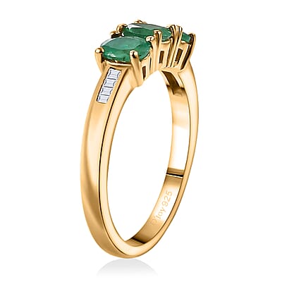 D'Joy Kagem Zambian Emerald and White Diamond 1.00 ctw 3 Stone Ring in 18K Vermeil Yellow Gold Over Sterling Silver (Size 10.0)