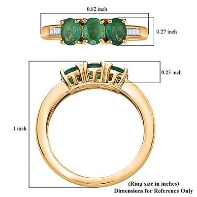 D'Joy Kagem Zambian Emerald and White Diamond 1.00 ctw 3 Stone Ring in 18K Vermeil Yellow Gold Over Sterling Silver (Size 10.0)
