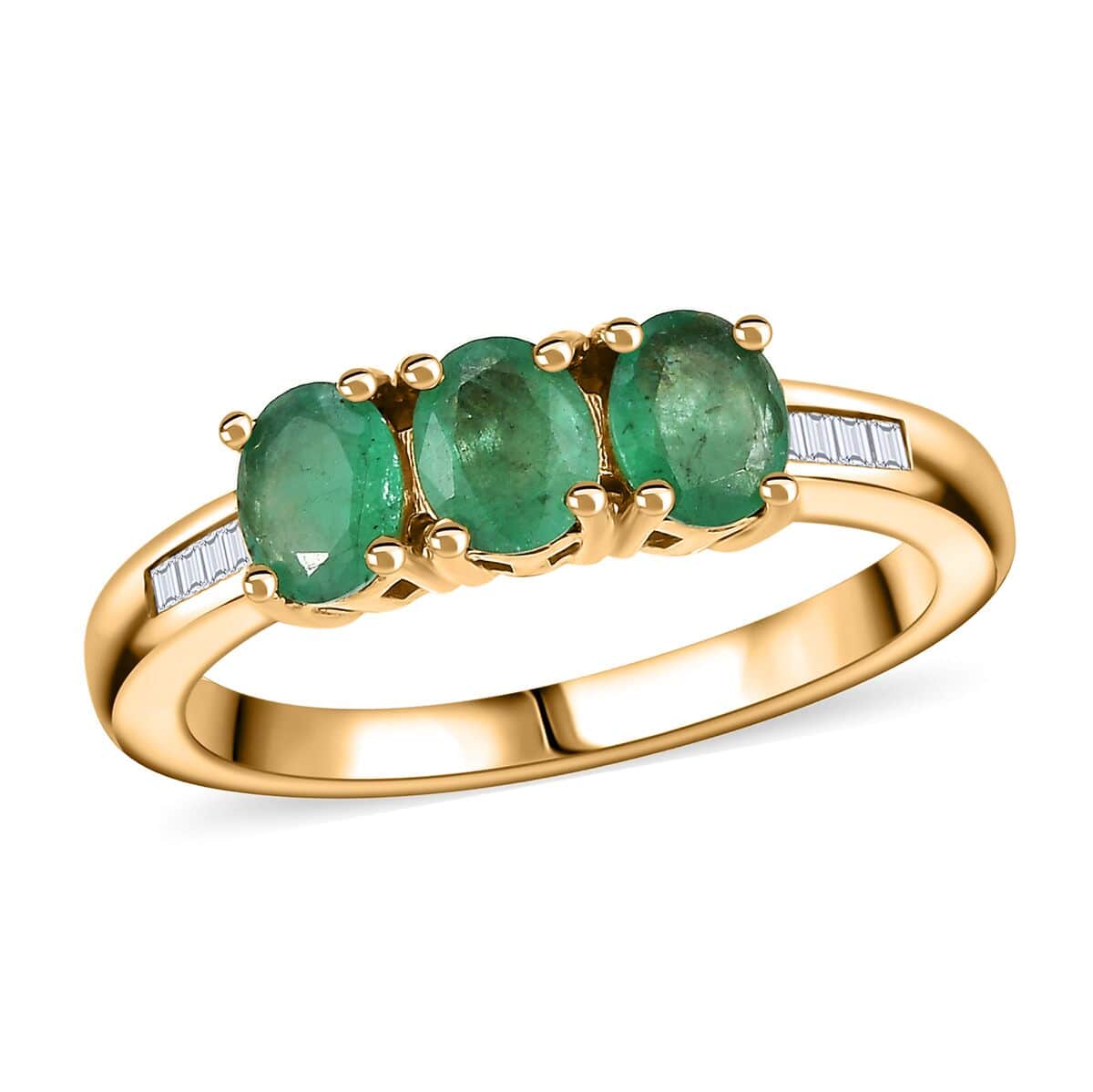 Kagem Zambian Emerald and White Diamond 1.00 ctw 3 Stone Ring in 18K Vermeil Yellow Gold Over Sterling Silver (Size 7.0) image number 0