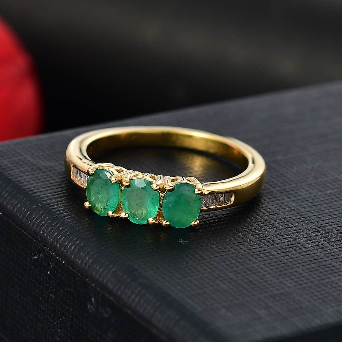 Kagem Zambian Emerald and White Diamond 1.00 ctw 3 Stone Ring in 18K Vermeil Yellow Gold Over Sterling Silver (Size 7.0) image number 1