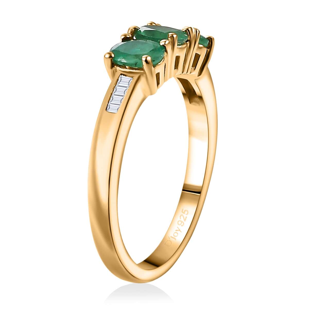 Kagem Zambian Emerald and White Diamond 1.00 ctw 3 Stone Ring in 18K Vermeil Yellow Gold Over Sterling Silver (Size 7.0) image number 3