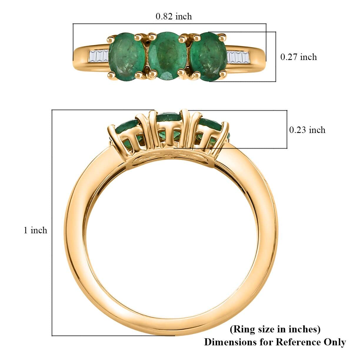 Kagem Zambian Emerald and White Diamond 1.00 ctw 3 Stone Ring in 18K Vermeil Yellow Gold Over Sterling Silver (Size 7.0) image number 5