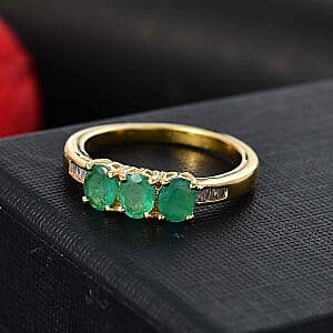 D'Joy Kagem Zambian Emerald, White Diamond 3 Stone Ring in 18K Vermeil YG Over Sterling Silver (Size 8.0) 1.00 ctw
