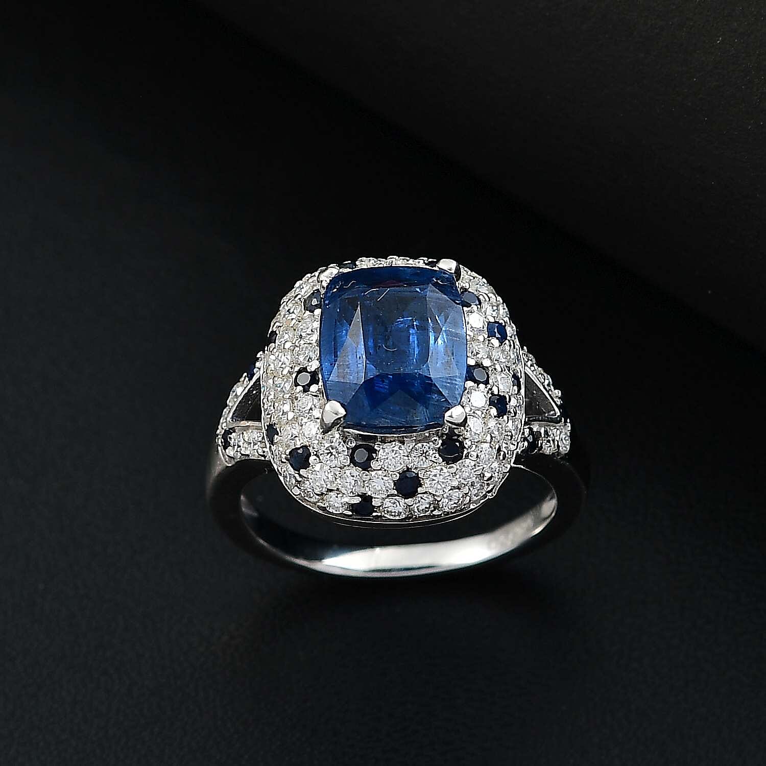Kashmir Kyanite and Multi Gemstone 4.80 ctw Split Shank Ring in Rhodium Over Sterling Silver