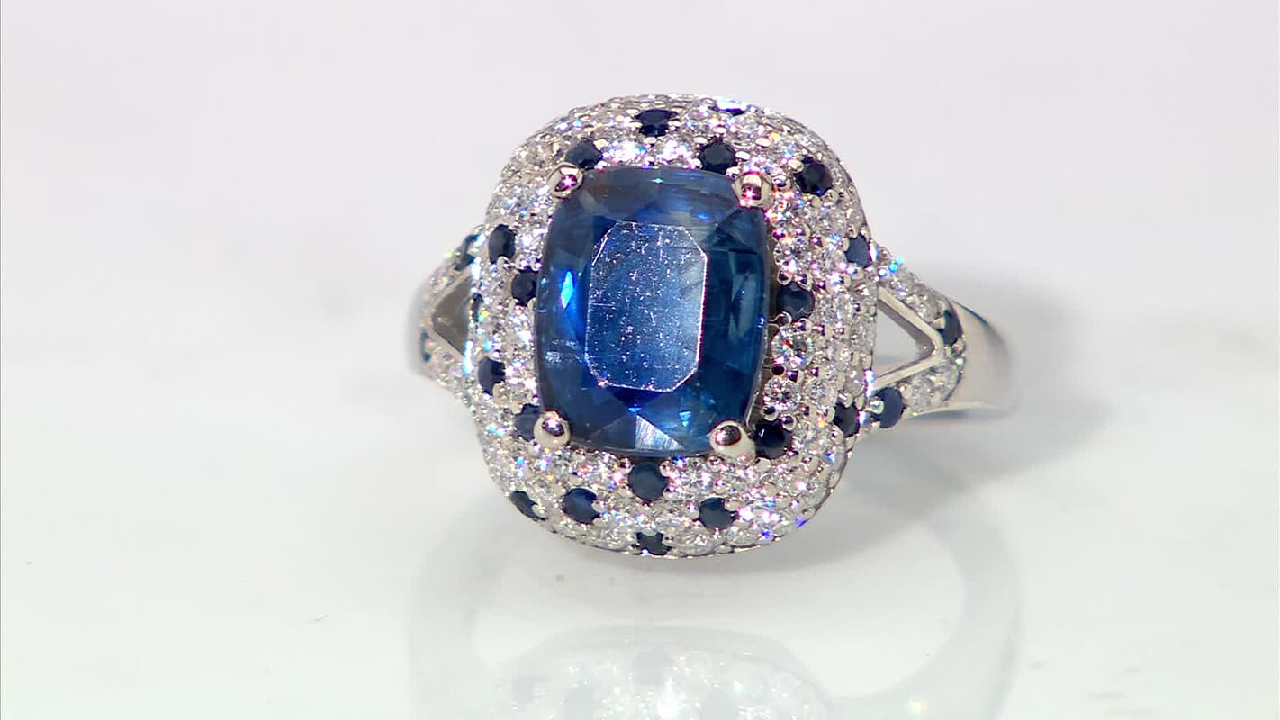 Kashmir Kyanite and Multi Gemstone 4.80 ctw Split Shank Ring in Rhodium Over Sterling Silver