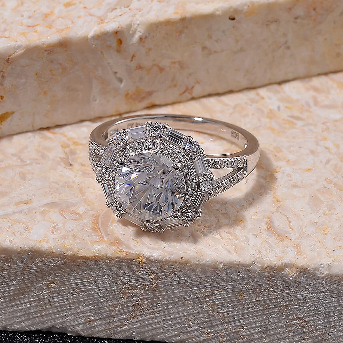 Maple Cut Moissanite 3.75 ctw Radiant Halo Ring in Rhodium Over Sterling Silver (Size 8.0)  image number 1