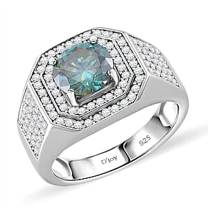 Blue Moissanite and Moissanite 2.60 ctw Men's Ring in Rhodium Over Sterling Silver (Size 10.0)