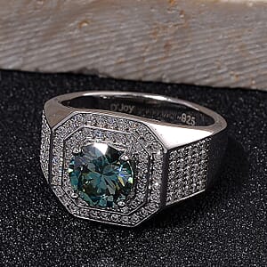 Blue Moissanite and Moissanite 2.60 ctw Men's Ring in Rhodium Over Sterling Silver (Size 10.0)