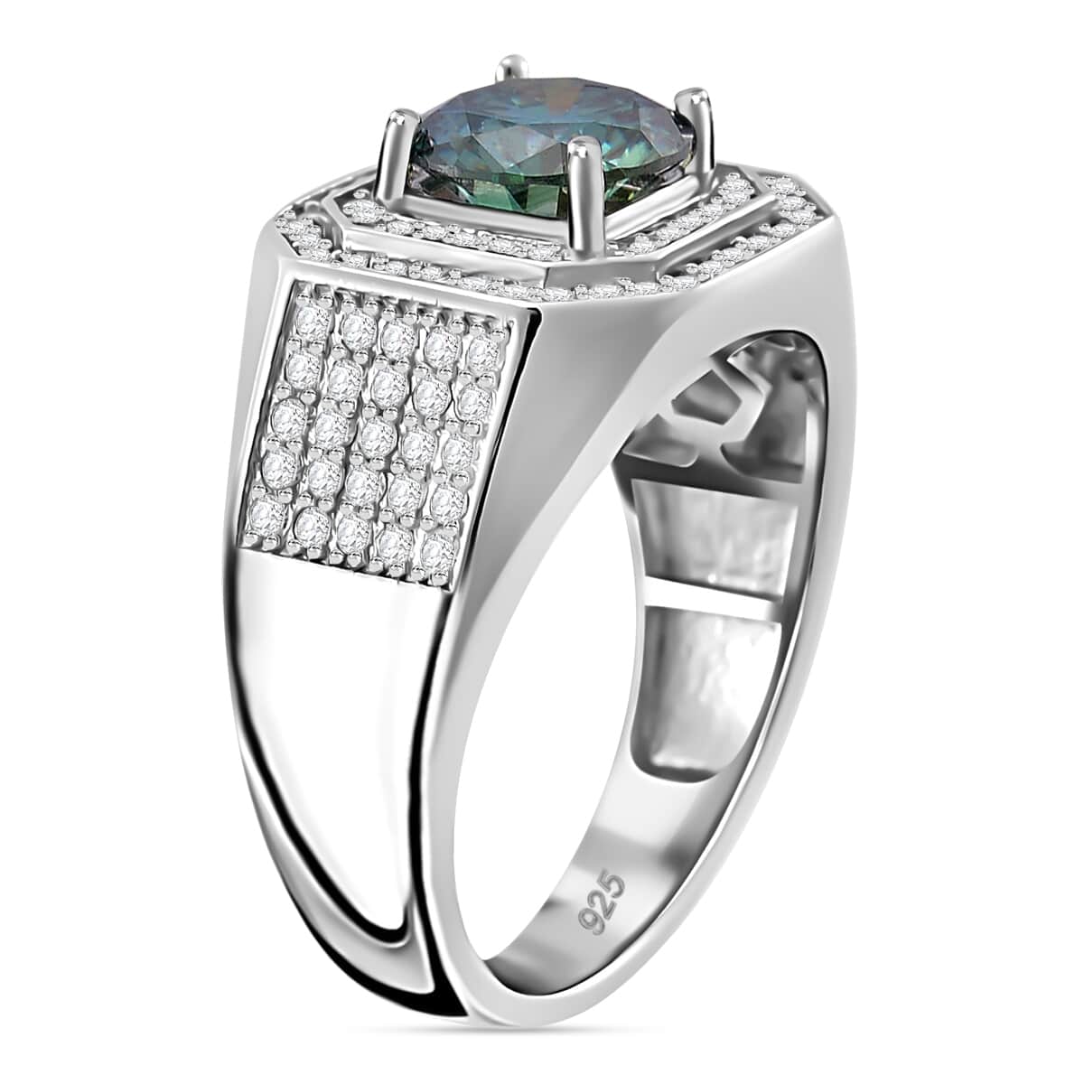 Blue Moissanite and Moissanite 2.60 ctw Men's Ring in Rhodium Over Sterling Silver (Size 10.0) image number 3