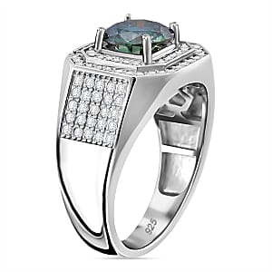 Blue Moissanite and Moissanite 2.60 ctw Men's Ring in Rhodium Over Sterling Silver (Size 10.0)