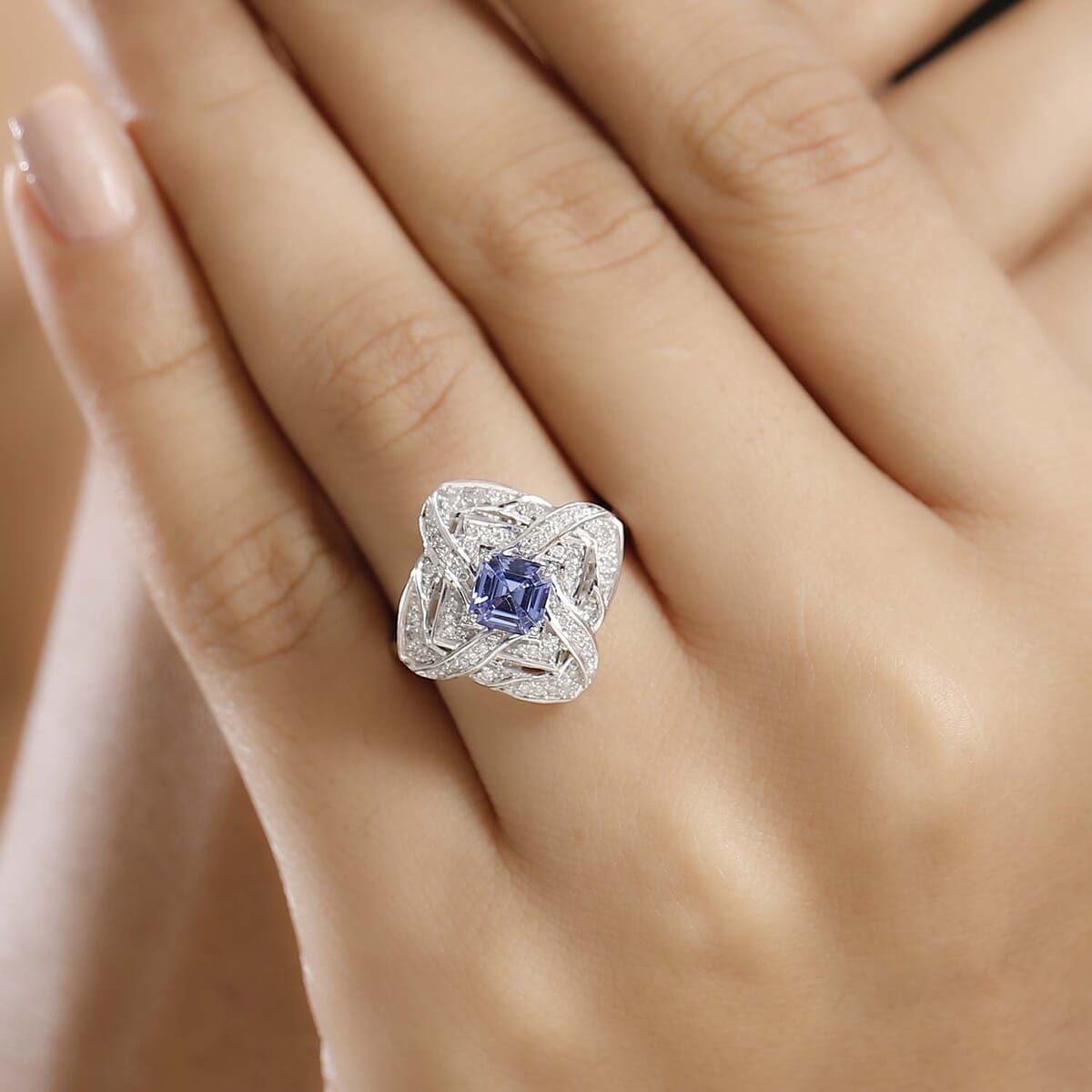 GP Amore Collection AAA Tanzanite and I3 White Diamond 1.25 ctw Knot Ring in 10K White Gold (Size 8.0) 4.50 Grams image number 2