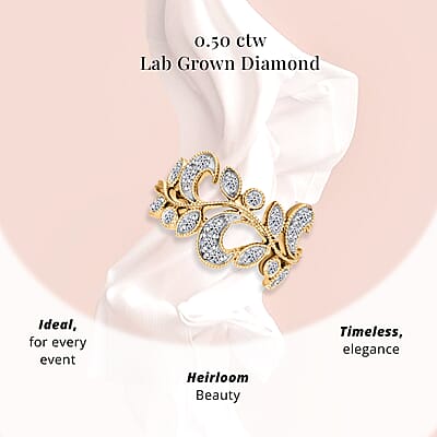 Luxuriant Lab Grown Diamond G-H SI-I1 0.50 ctw Leaves Ring in Vermeil Yellow Gold Over Sterling Silver (Size 10.0)