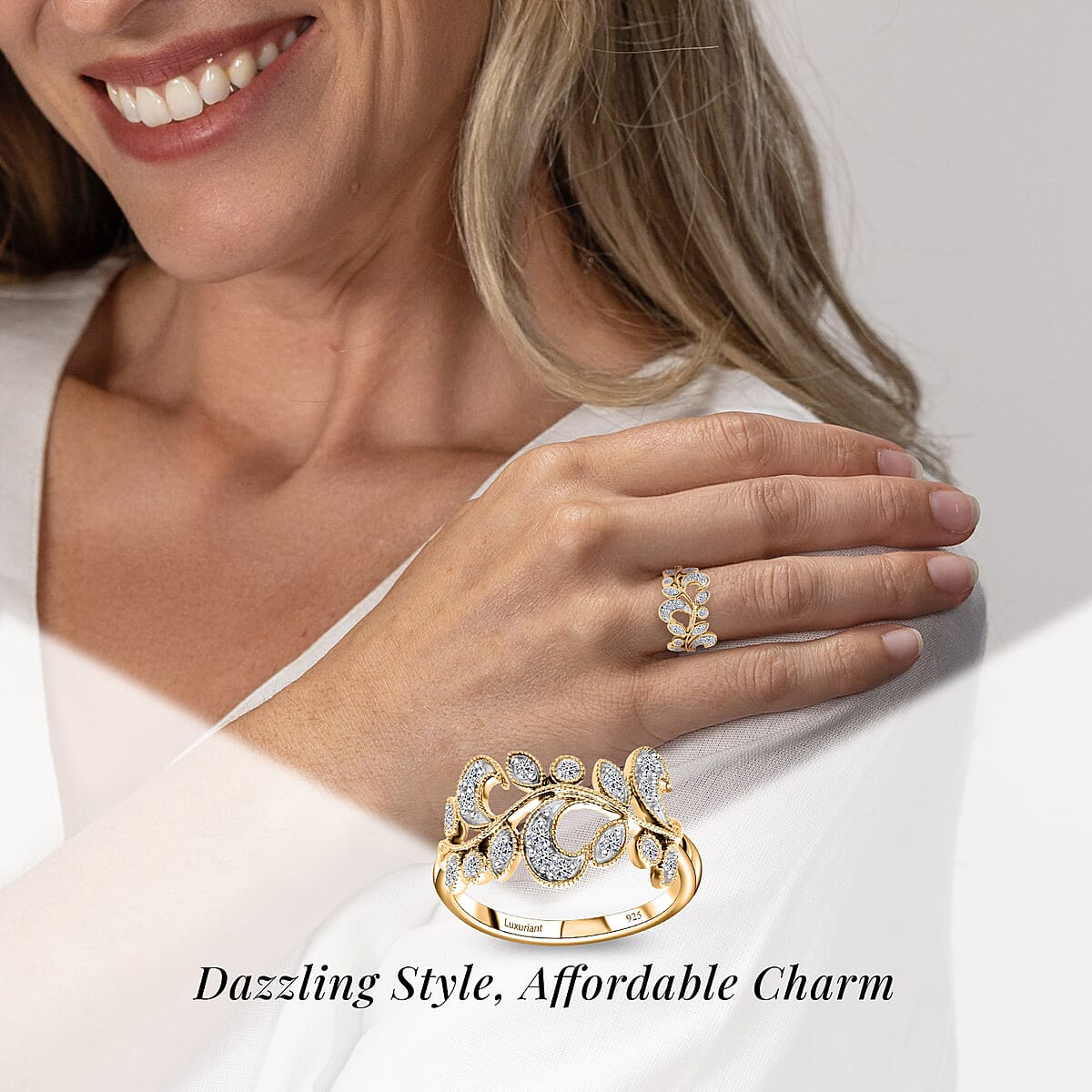 Luxuriant Lab Grown Diamond G-H SI-I1 0.50 ctw Leaves Ring in Vermeil Yellow Gold Over Sterling Silver (Size 7.0) image number 1