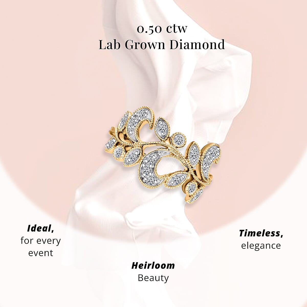 Luxuriant Lab Grown Diamond G-H SI-I1 0.50 ctw Leaves Ring in Vermeil Yellow Gold Over Sterling Silver (Size 7.0) image number 4