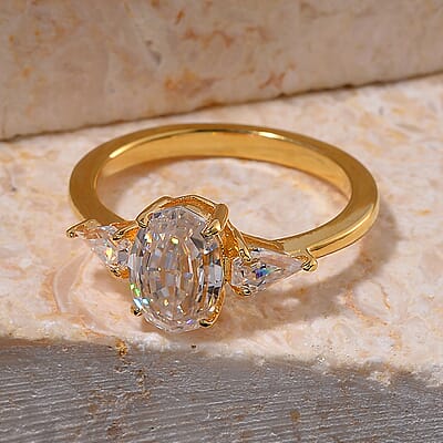Step Cut Moissanite 3.10 ctw 3 Stone Ring in 18K Vermeil Yellow Gold Over Sterling Silver (Size 10.0)