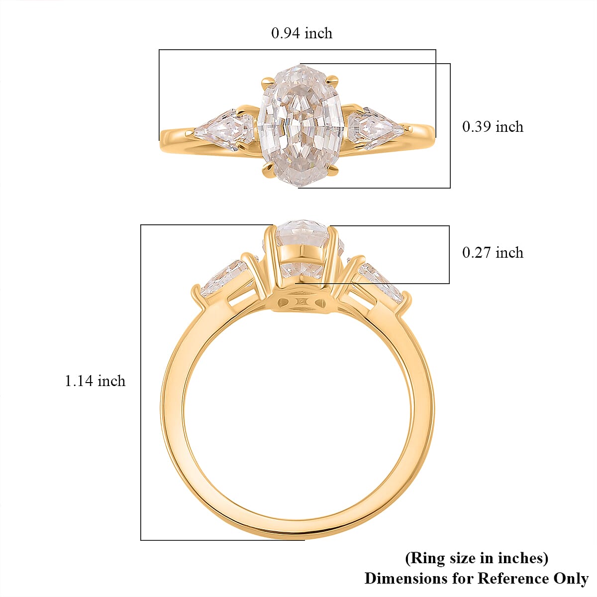 Step Cut Moissanite 3.10 ctw 3 Stone Ring in 18K Vermeil Yellow Gold Over Sterling Silver (Size 10.0)