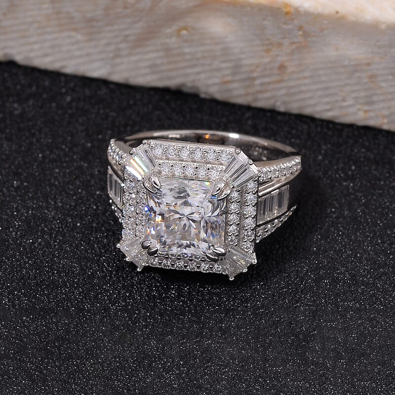 Squartuguese Cut Moissanite 3.90 ctw Geometric Halo Ring in Rhodium Over Sterling Silver (Size 10.0)