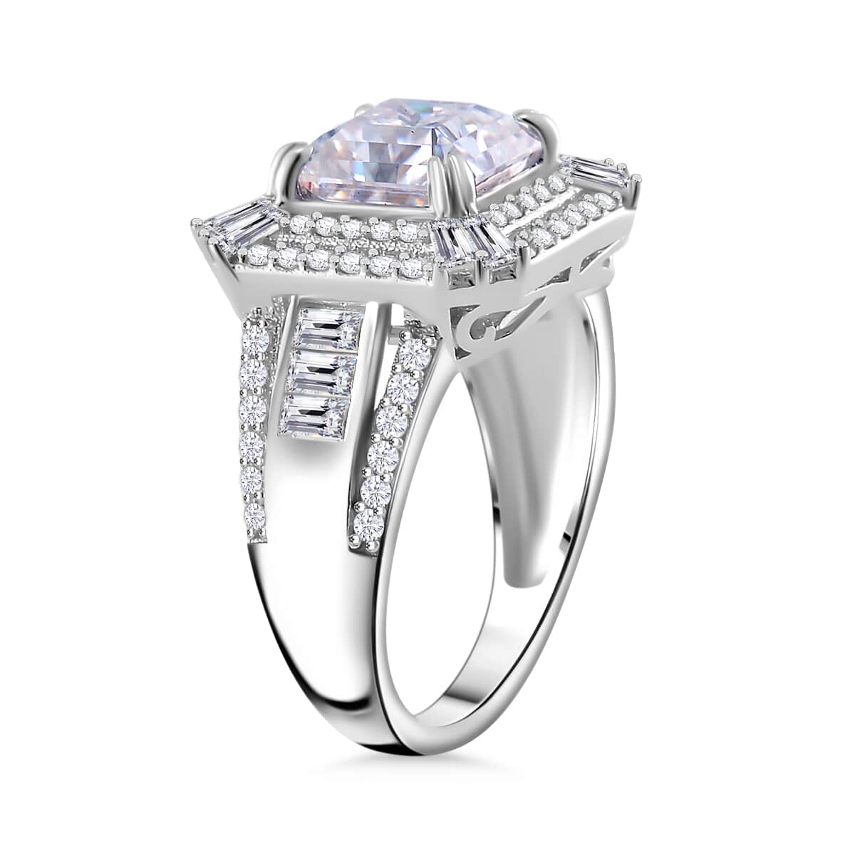 Squartuguese Cut Moissanite 3.90 ctw Geometric Halo Ring in Rhodium Over Sterling Silver (Size 10.0) image number 3