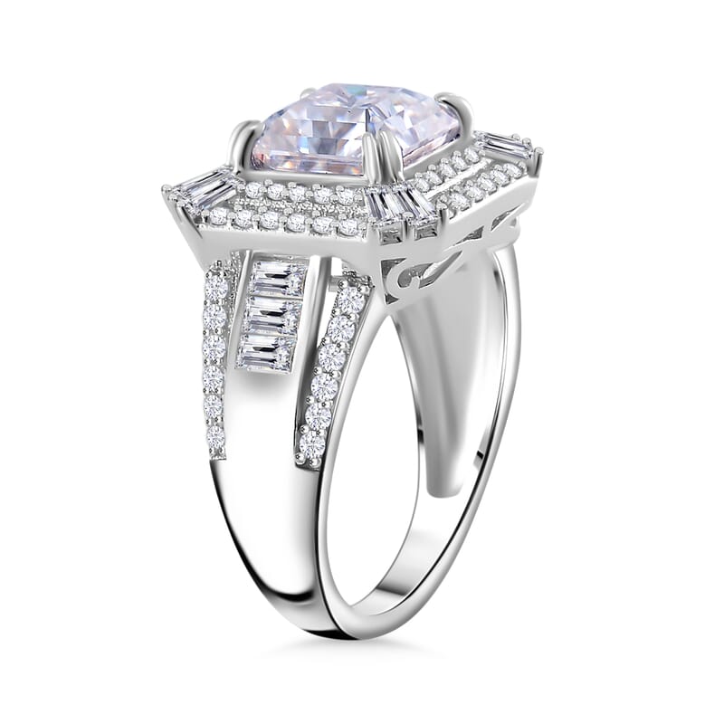 Squartuguese Cut Moissanite 3.90 ctw Geometric Halo Ring in Rhodium Over Sterling Silver (Size 10.0)