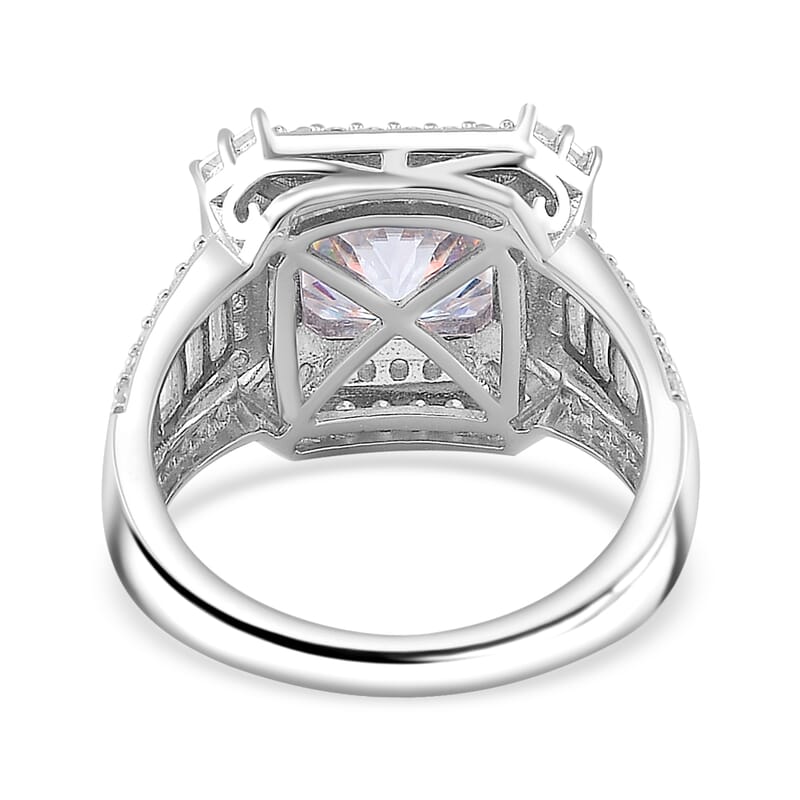 Squartuguese Cut Moissanite 3.90 ctw Geometric Halo Ring in Rhodium Over Sterling Silver (Size 10.0)