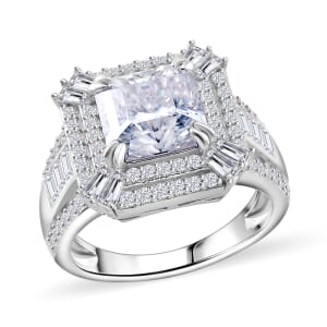 Squartuguese Cut Moissanite 3.90 ctw Geometric Halo Ring in Rhodium Over Sterling Silver (Size 5.0)