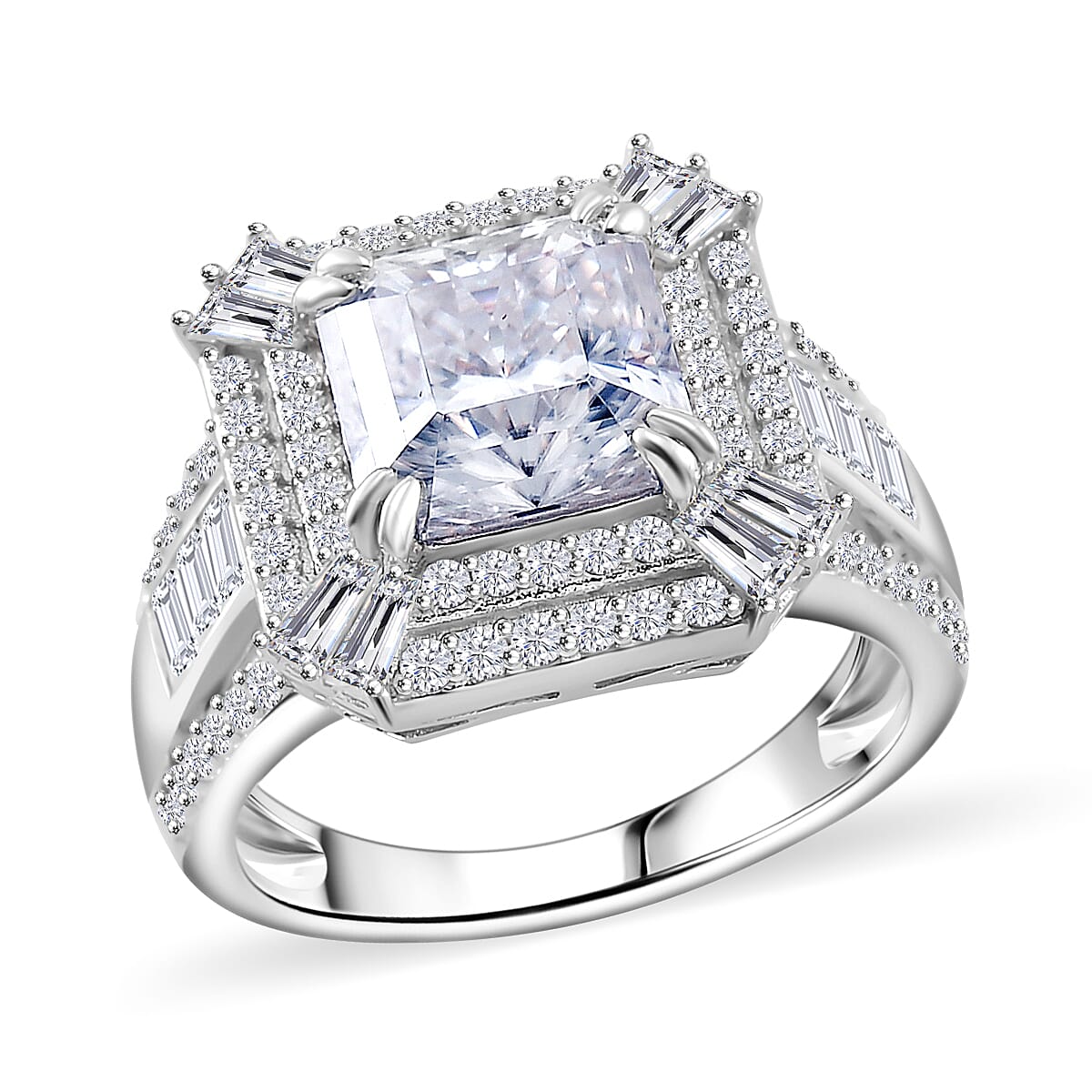 Squartuguese Cut Moissanite 3.90 ctw Geometric Halo Ring in Rhodium Over Sterling Silver (Size 6.0) image number 0