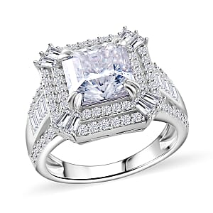 Squartuguese Cut Moissanite 3.90 ctw Geometric Halo Ring in Rhodium Over Sterling Silver (Size 6.0)
