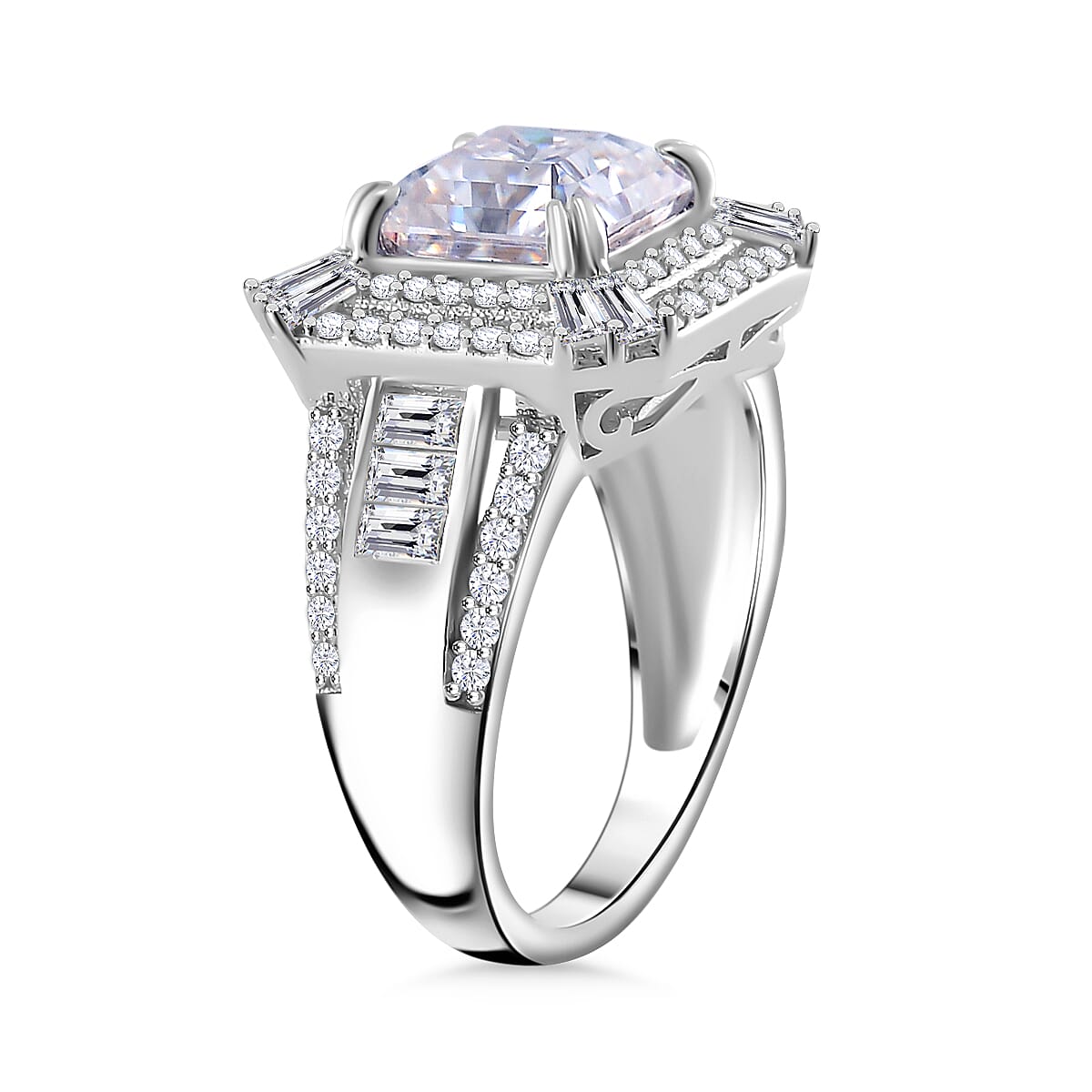 Squartuguese Cut Moissanite 3.90 ctw Geometric Halo Ring in Rhodium Over Sterling Silver (Size 8.0) image number 3