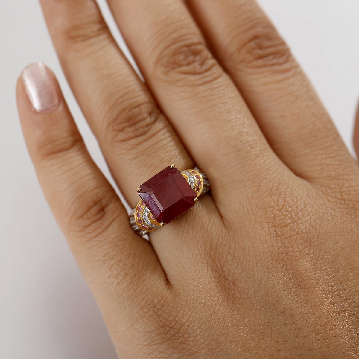 Asscher Cut Niassa Ruby (FF) and Multi Gemstone 11.00 ctw Majestic Wave Ring in 18K Vermeil YG Over Sterling Silver (Size 5.0)  image number 2