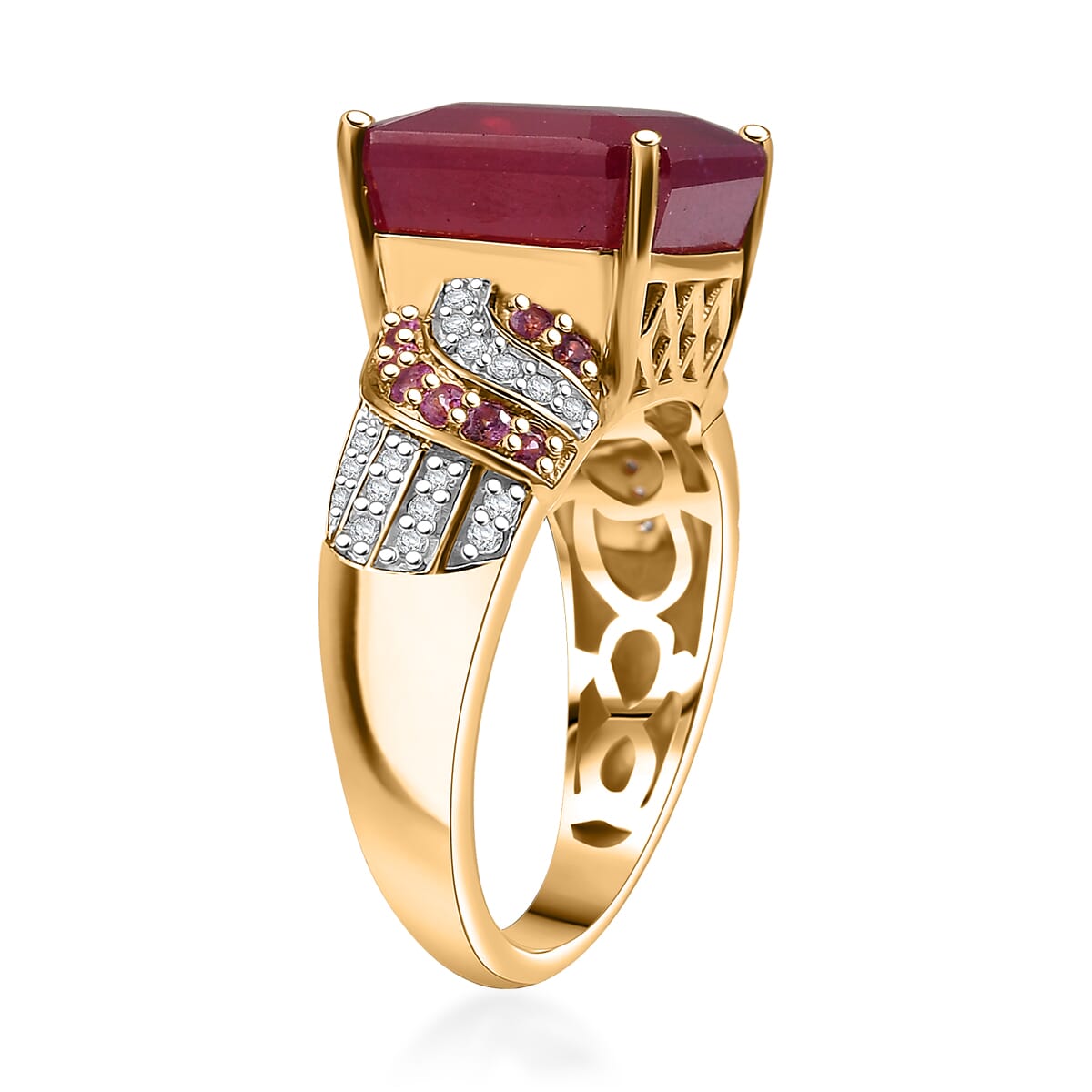 Asscher Cut Niassa Ruby (FF) and Multi Gemstone 11.00 ctw Majestic Wave Ring in 18K Vermeil YG Over Sterling Silver (Size 5.0)  image number 3