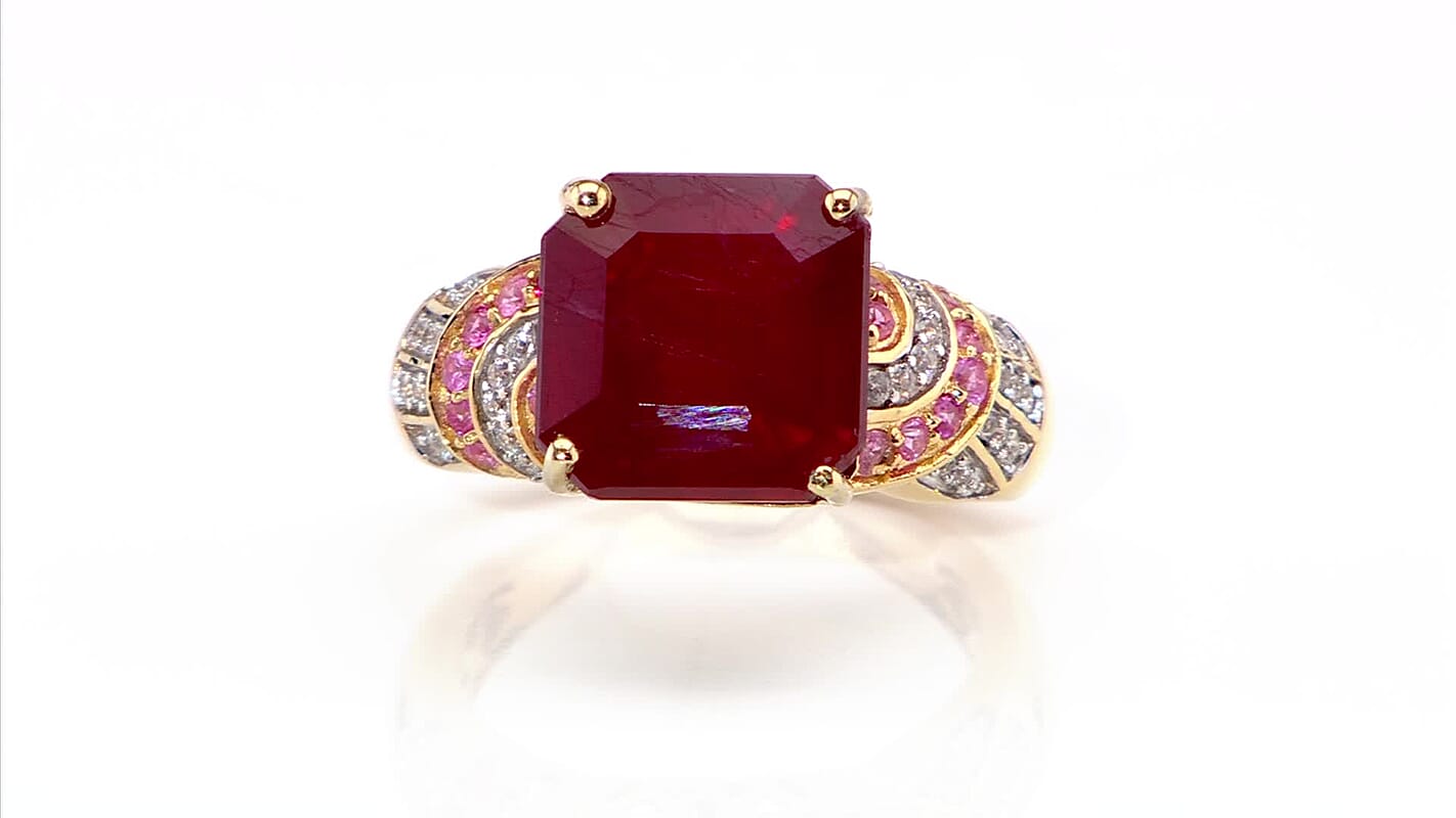 TLV Asscher Cut Niassa Ruby (FF), Multi Gemstone Ring in 18K Vermeil YG Over Sterling Silver (Size 7.0) 11.80 ctw