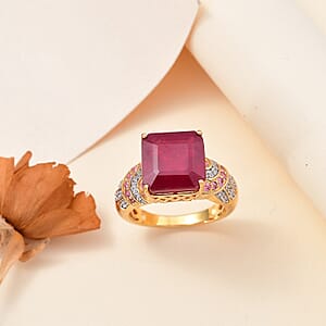 D'Joy Asscher Cut Niassa Ruby (FF) and Multi Gemstone 11.00 ctw Majestic Wave Ring in 18K Vermeil YG Over Sterling Silver (Size 9.0) 