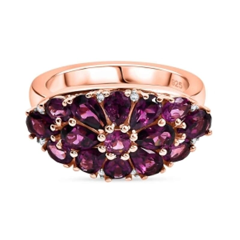 AAA Radiant Ember Garnet and White Zircon 4.01 ctw Cluster Ring in Vermeil Rose Gold Over Sterling Silver (Size 11.5)
