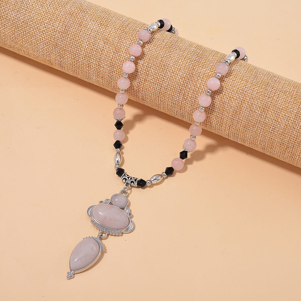 Galilea Rose Quartz 190.00 ctw and Black Glass Necklace in Silvertone 20 Inches image number 1
