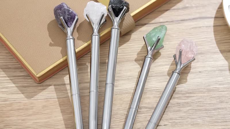 Set of 5 Gemstone Pens (Amethyst, Rose Quartz, Green Flourite, Clear Quartz and Black Obsidian) - Silver