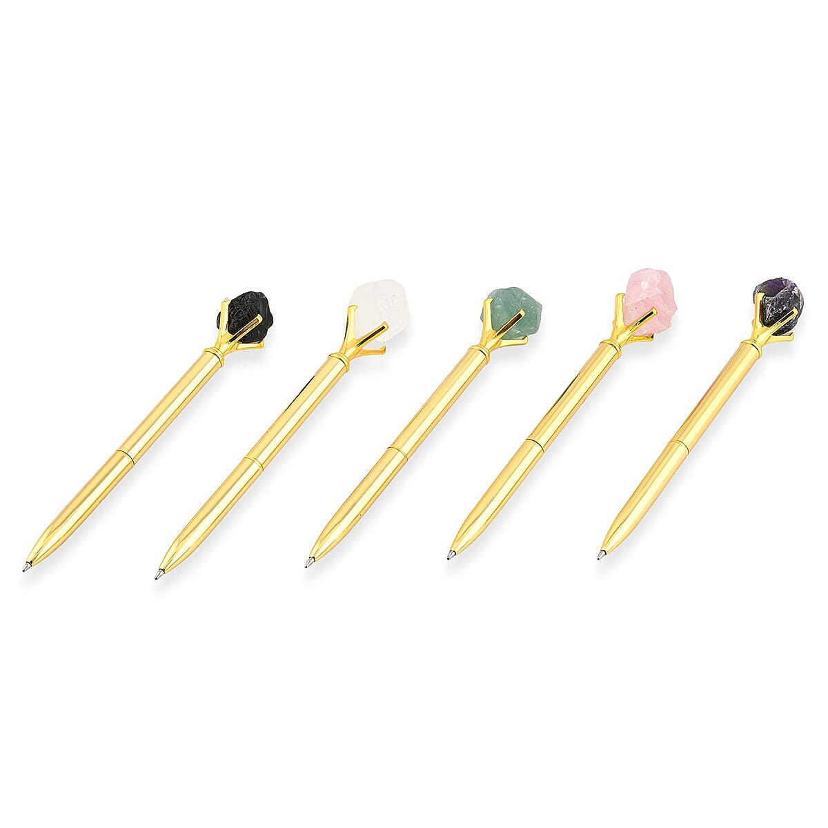 Set of 5 Gemstone Pens (Amethyst, Rose Quartz, Green Flourite, Clear Quartz and Black Obsidian) - Golden image number 0