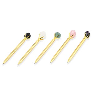 Set of 5 Gemstone Pens (Amethyst, Rose Quartz, Green Flourite, Clear Quartz and Black Obsidian) - Golden