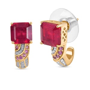 Asscher Cut Niassa Ruby (FF) and Multi Gemstone 9.10 ctw Majestic Wave J-Hoop Earrings in 18K Vermeil Yellow Gold Over Sterling Silver