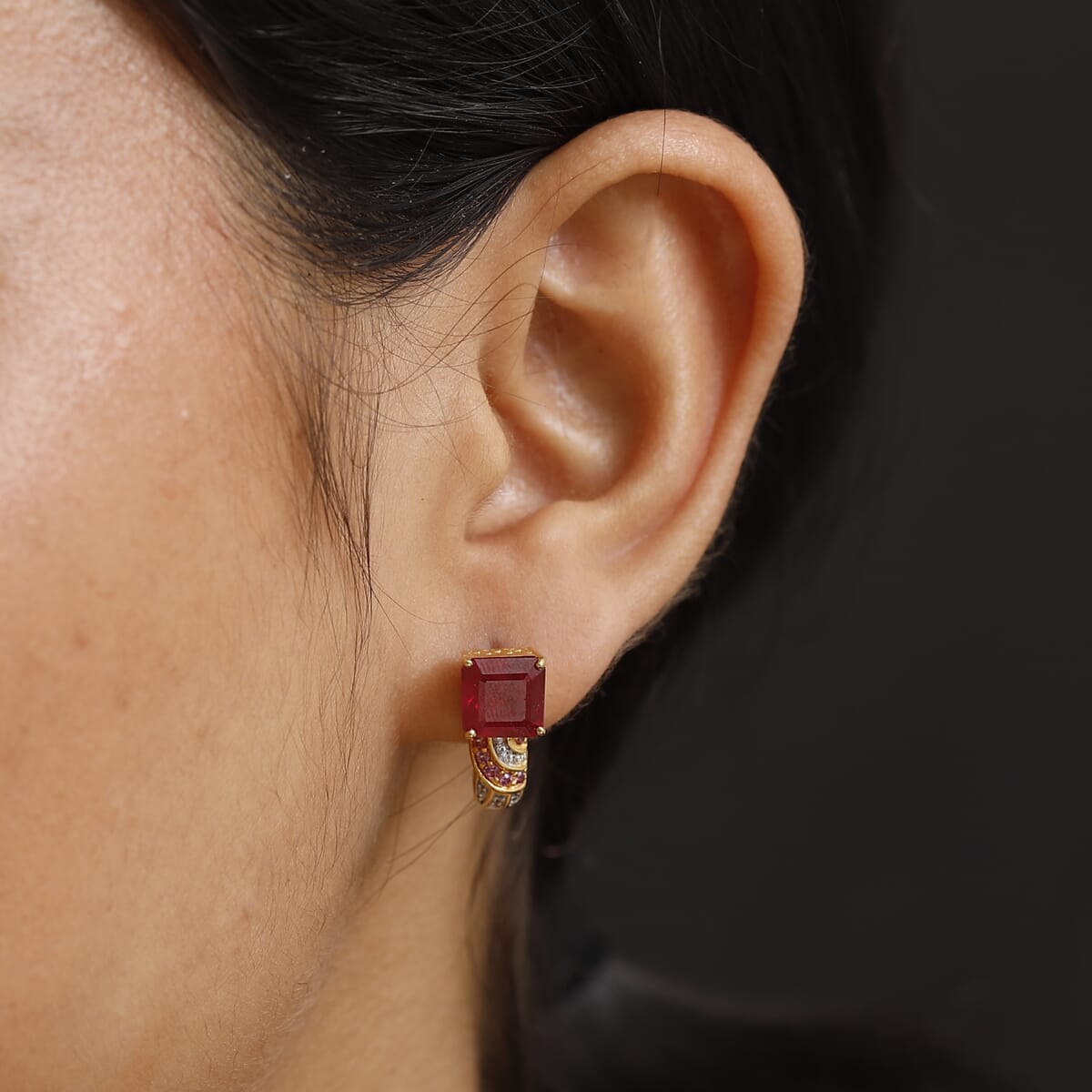 Asscher Cut Niassa Ruby (FF) and Multi Gemstone 9.10 ctw Majestic Wave J-Hoop Earrings in 18K Vermeil Yellow Gold Over Sterling Silver image number 1