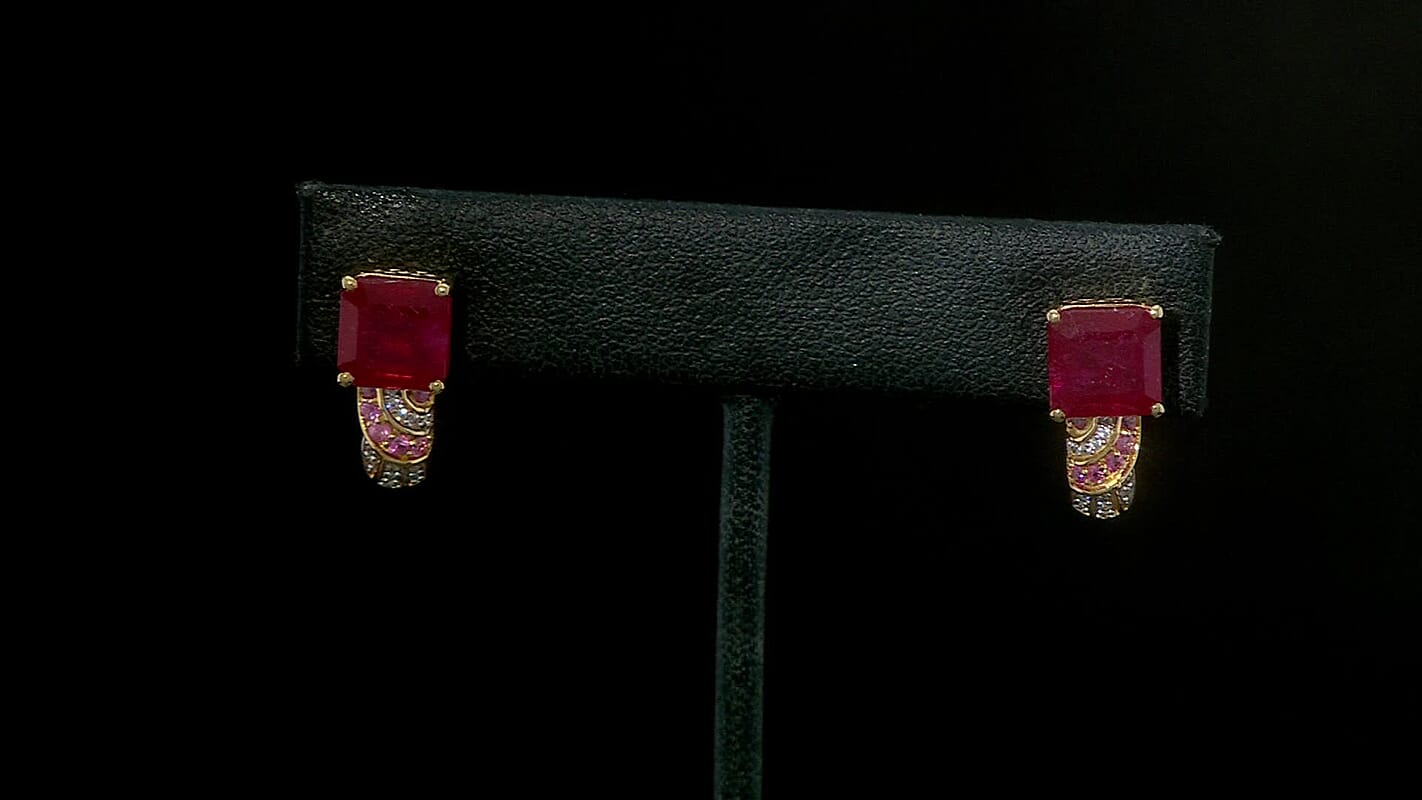 TLV Asscher Cut Niassa Ruby (FF), Multi Gemstone J-Hoop Earrings in 18K Vermeil YG Over Sterling Silver 9.10 ctw