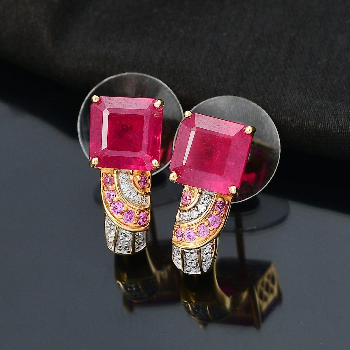 Asscher Cut Niassa Ruby (FF) and Multi Gemstone 9.10 ctw Majestic Wave J-Hoop Earrings in 18K Vermeil Yellow Gold Over Sterling Silver image number 2