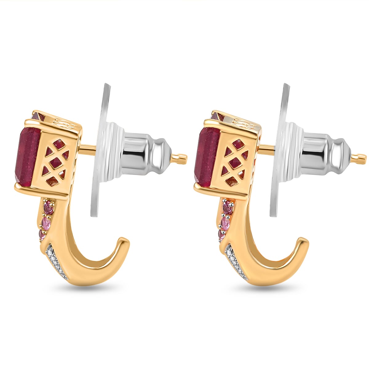 Asscher Cut Niassa Ruby (FF) and Multi Gemstone 9.10 ctw Majestic Wave J-Hoop Earrings in 18K Vermeil Yellow Gold Over Sterling Silver image number 3