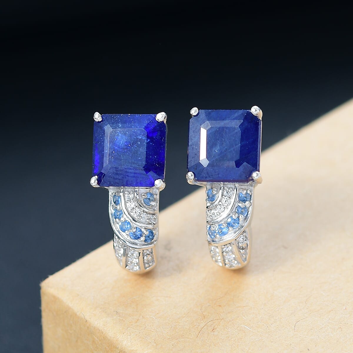 Asscher Cut Masoala Sapphire (D) and Multi Gemstone 8.85 ctw Majestic Wave J-Hoop Earrings in Rhodium Over Sterling Silver image number 1