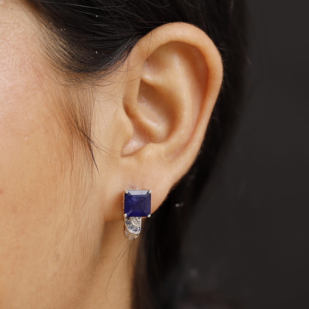 Asscher Cut Masoala Sapphire (D) and Multi Gemstone 8.85 ctw Majestic Wave J-Hoop Earrings in Rhodium Over Sterling Silver image number 2